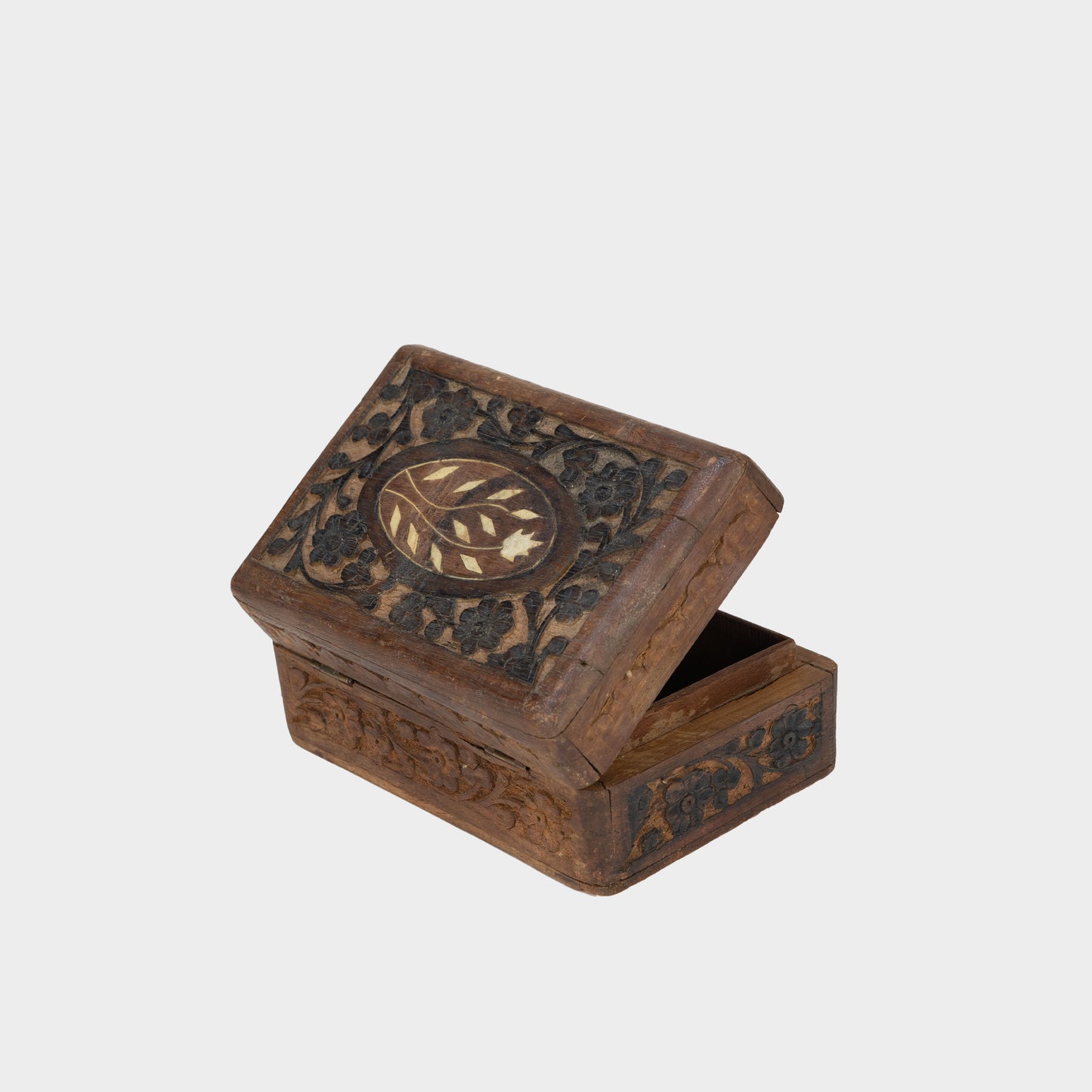 Antique Inlaid Carved Wooden Box