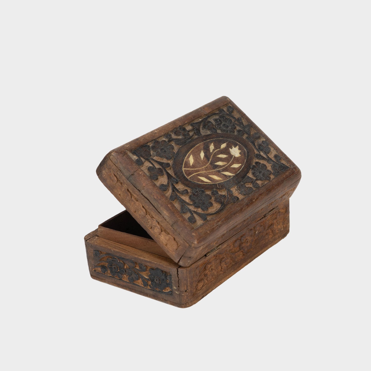 Antique Inlaid Carved Wooden Box