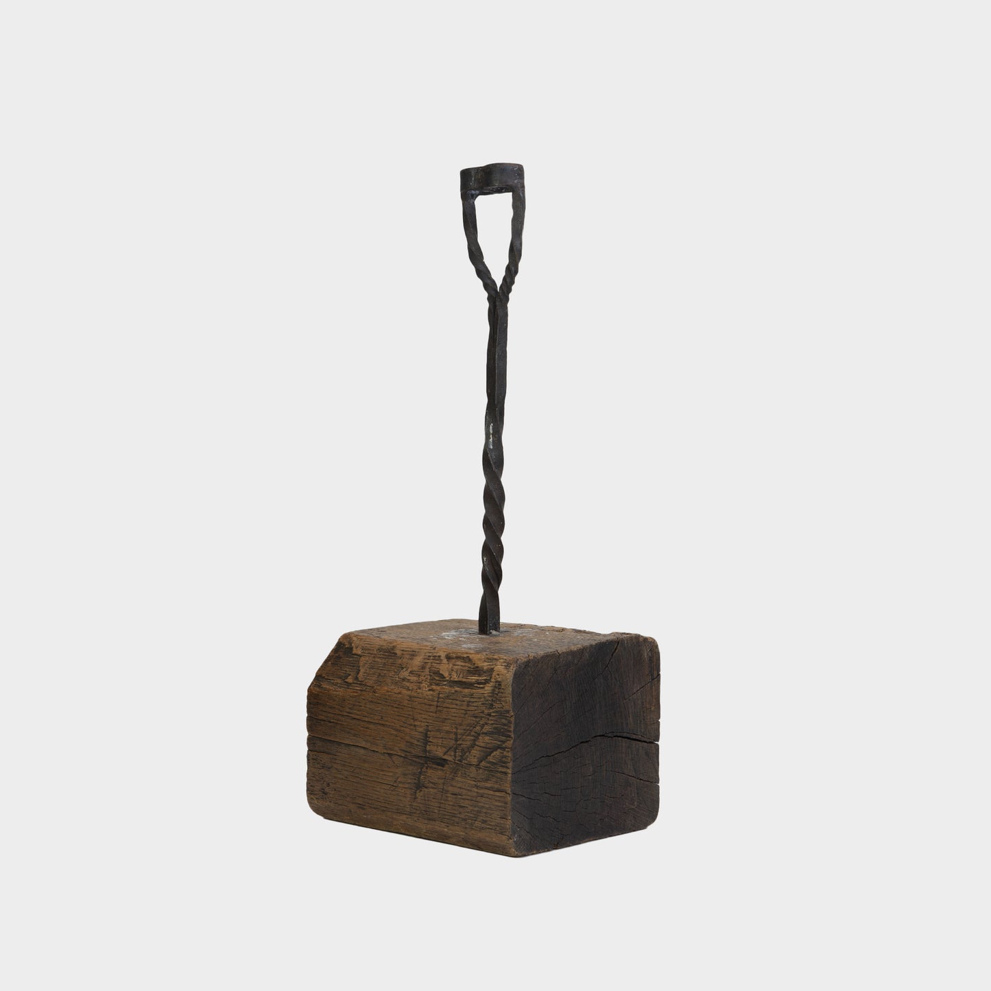 Antique Tall Forged Double Candlestick on Wood Block