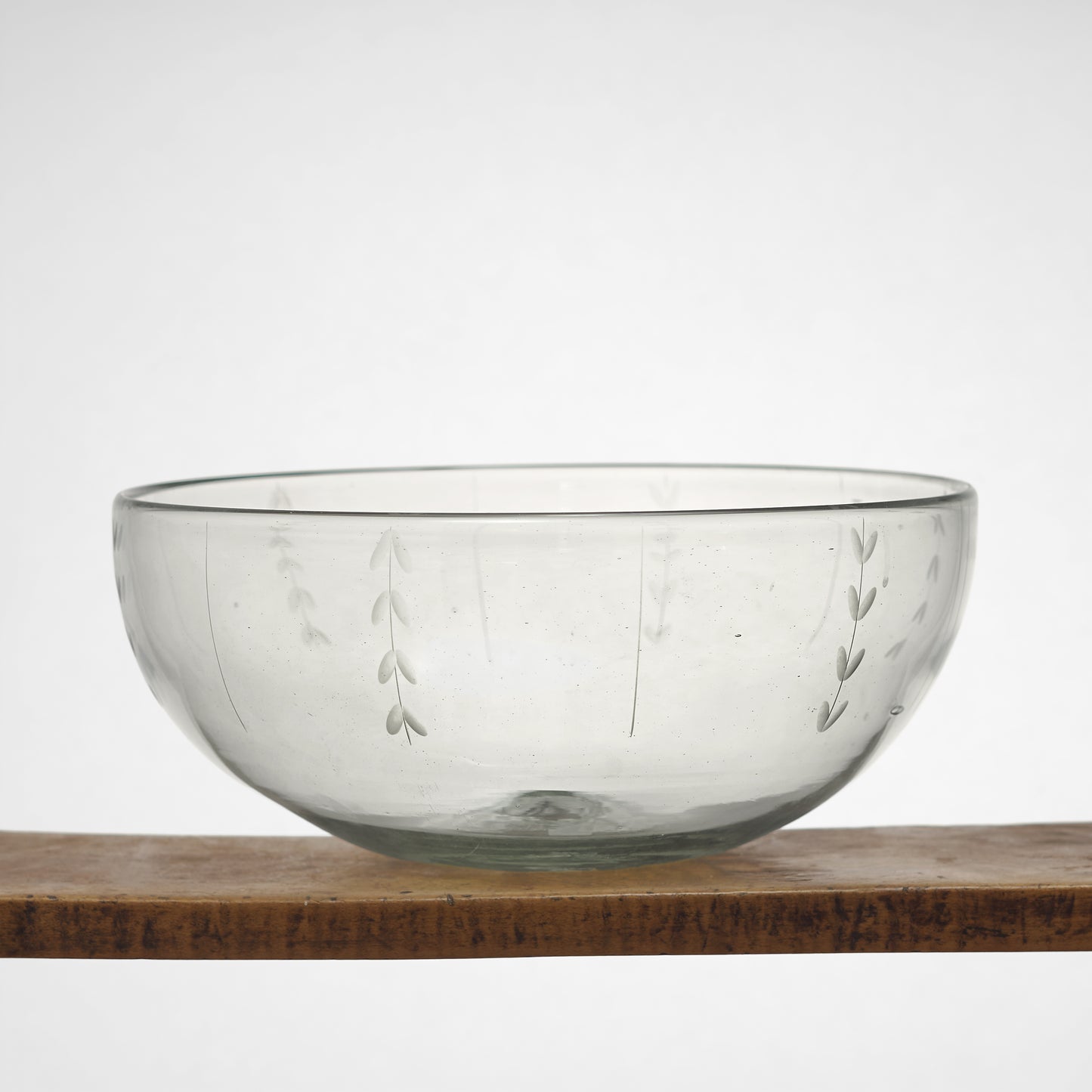 Leaf Etched Serving Bowls in Blown Recycled Glass