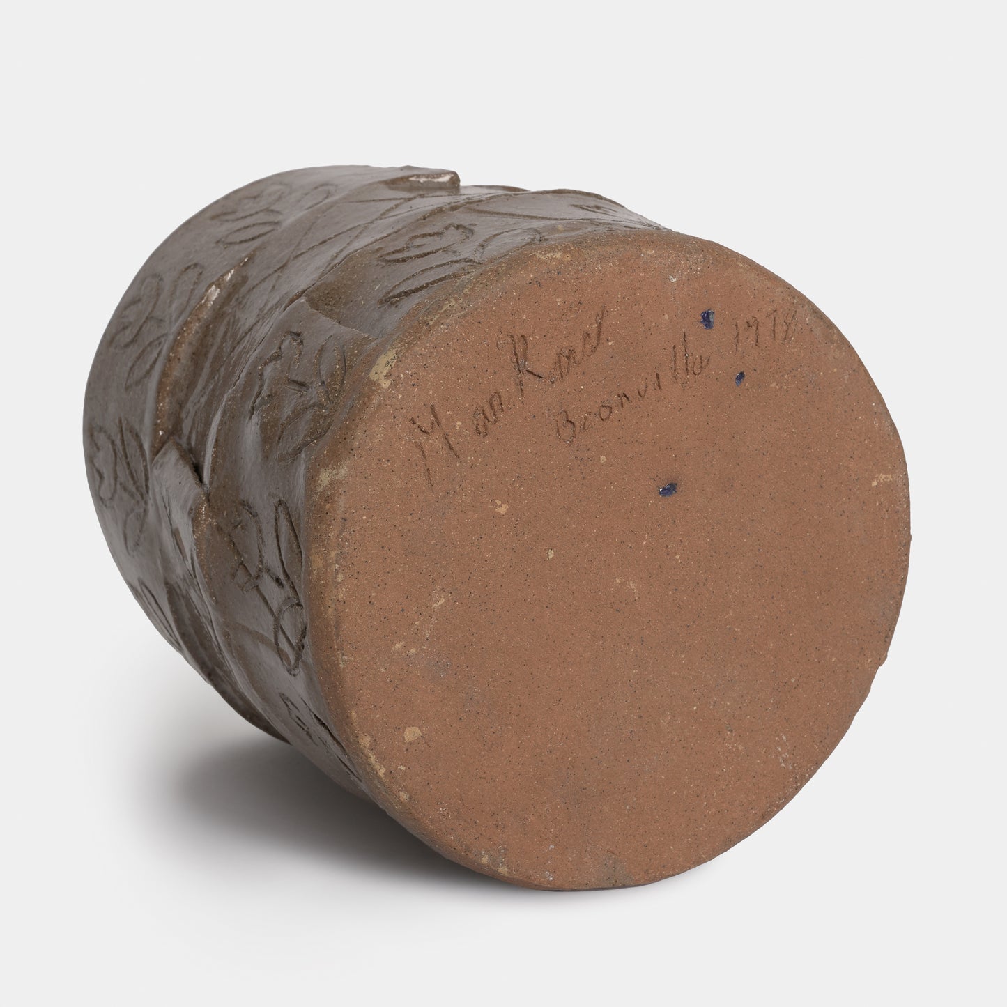 Vintage Stoneware Slab Cachepot with Etchings, 1978