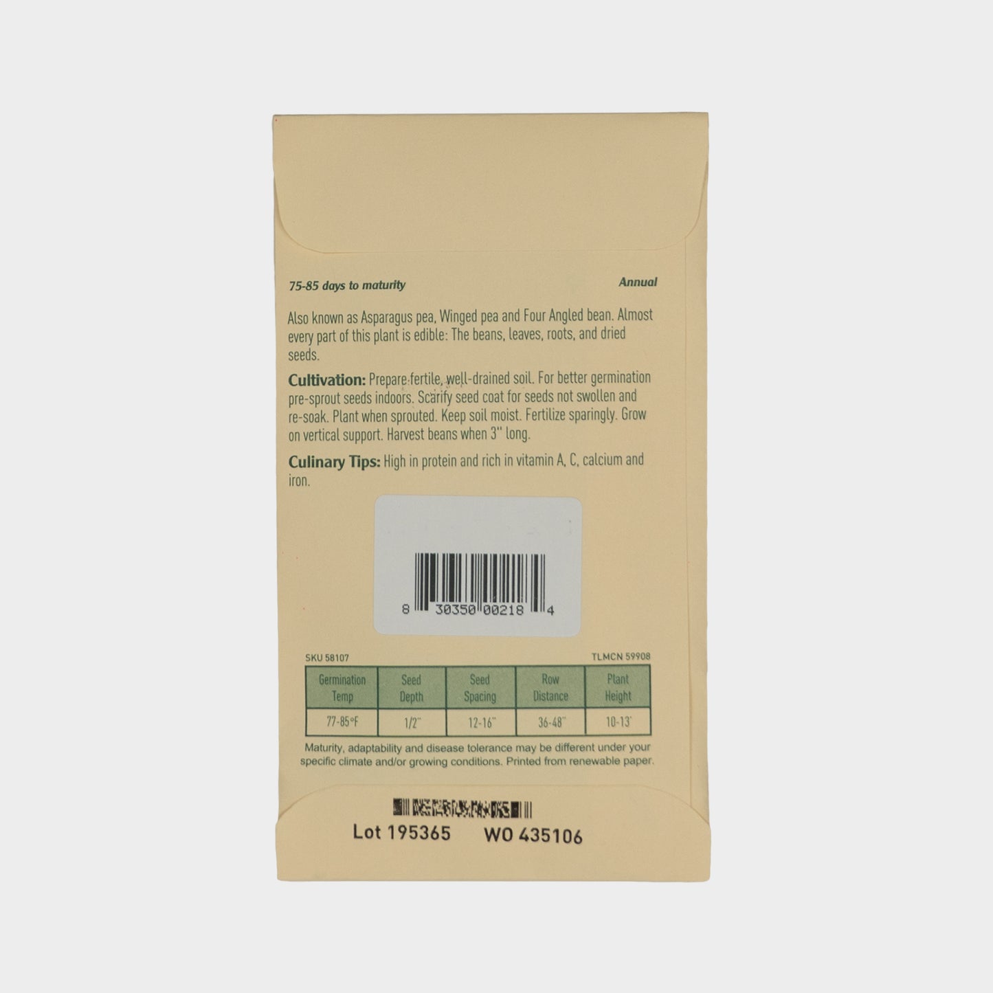 Kitazawa Winged Bean Seed Heirloom Packet