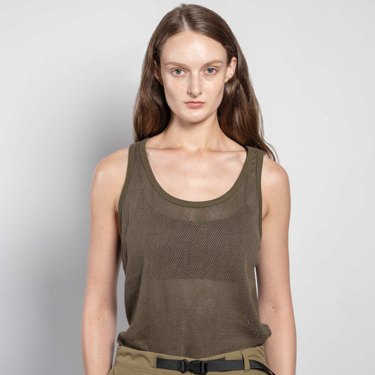 Cotton Mesh Tank Top in Drab Olive