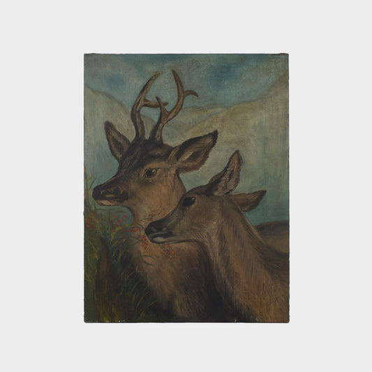 Antique Deer Painting with Drawing of Woman on Reverse Side, New York, 1800's