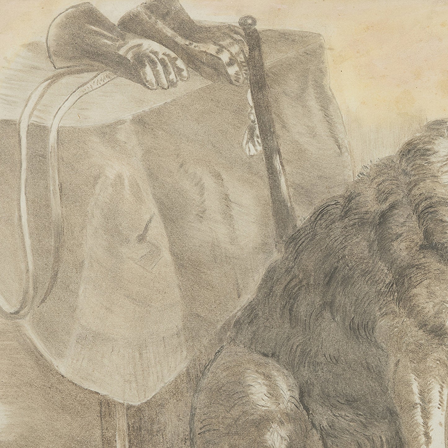 Antique Mixed Media Study with Dog and Gloves, 1888