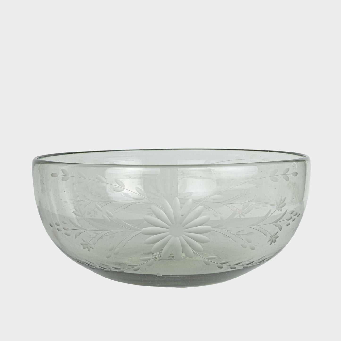 Floral Etched Serving Bowls in Blown Recycled Glass