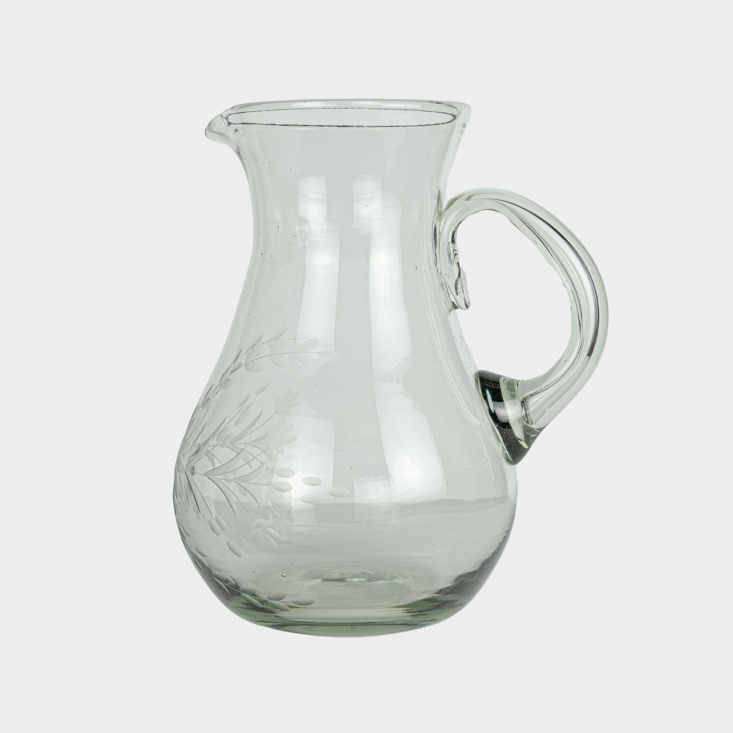 Floral Etched Round Pitcher In Blown Recycled Glass Gardenheir