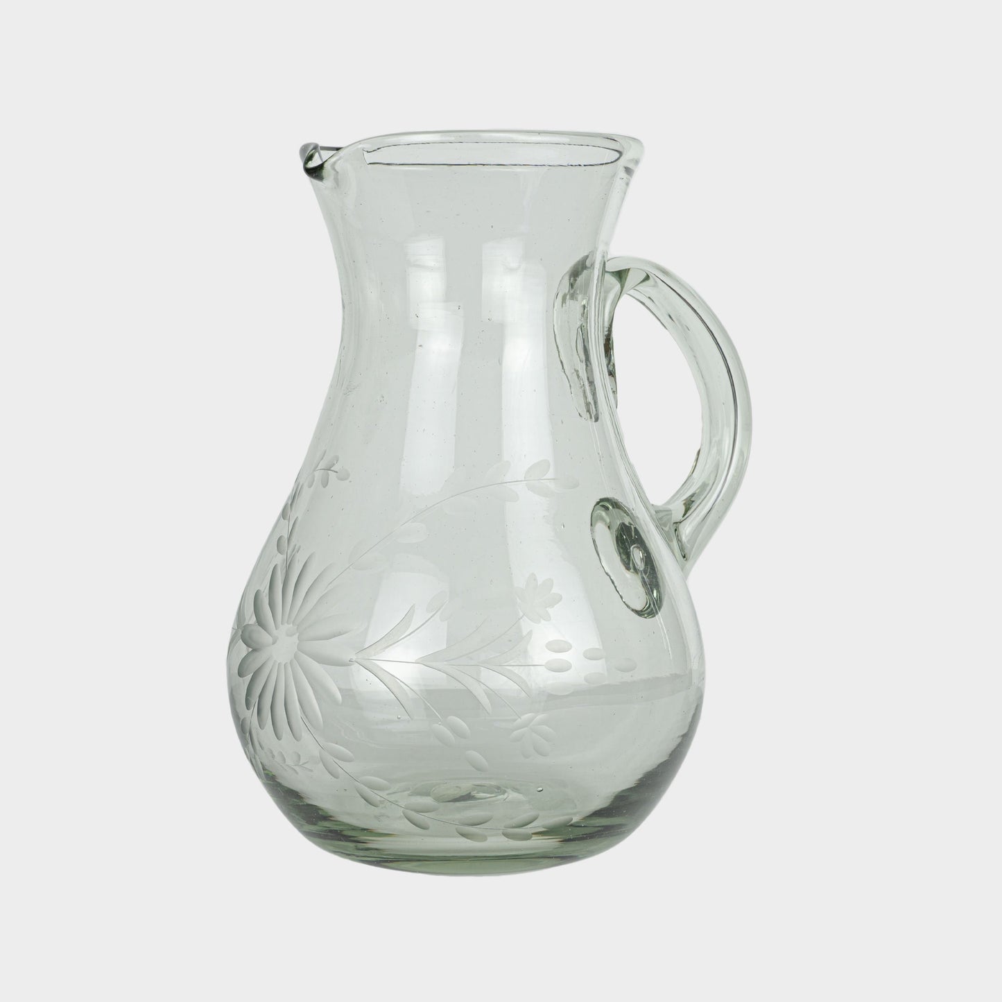 Floral Etched Round Pitcher in Blown Recycled Glass