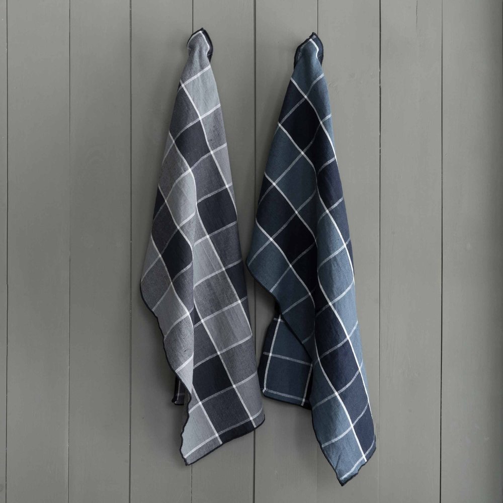 French Linen Kitchen Towel in Windowpane Plaid