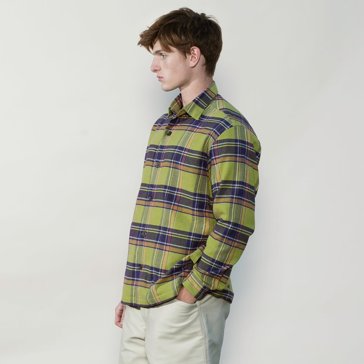 Japanese Flannel Overshirt with Pockets in Acid Plaid