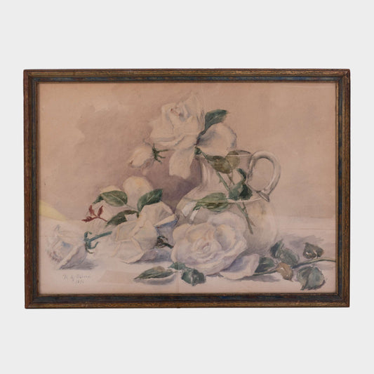 Antique Rose Still Life Water Color, New York, 19th C.