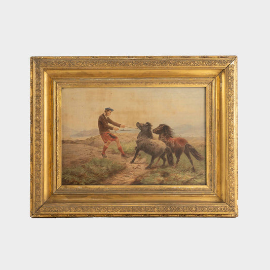 Antique Shetland Ponies Oil Painting, Scotland, 19th C.