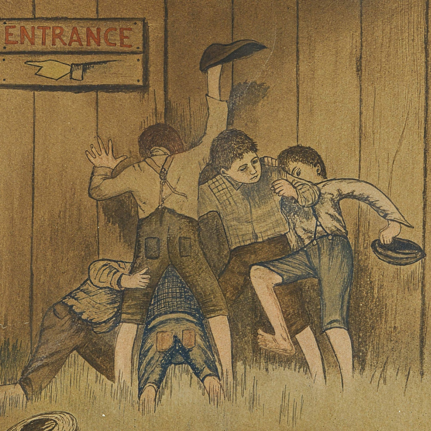 Vintage Painting Study of "Boys Peering Through Fence at Baseball Game"
