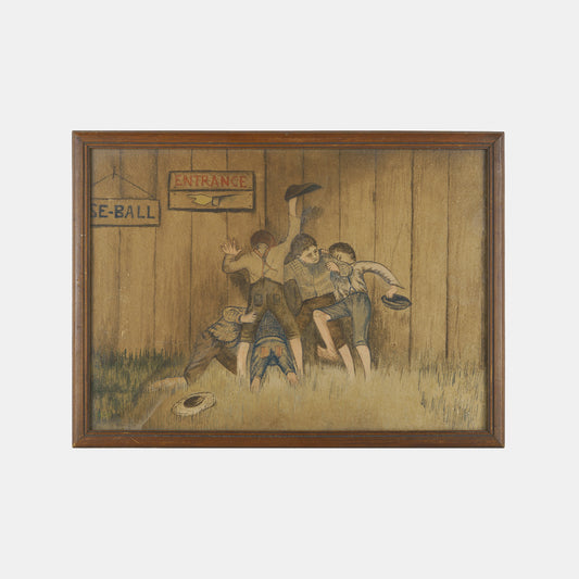 Vintage Painting Study of "Boys Peering Through Fence at Baseball Game"