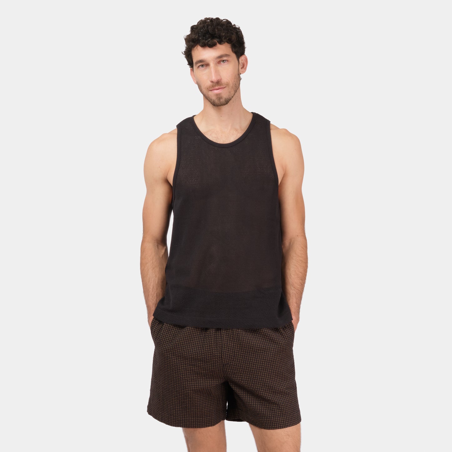 Cotton Mesh Tank Top in Black