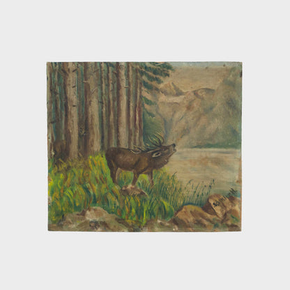 Vintage Folk Painting of Buck on Wood Panel, 1940's