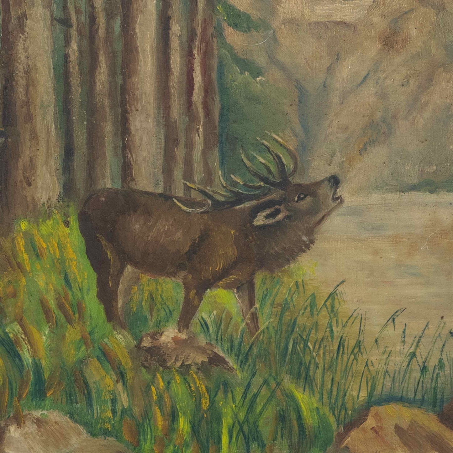 Vintage Folk Painting of Buck on Wood Panel, 1940's