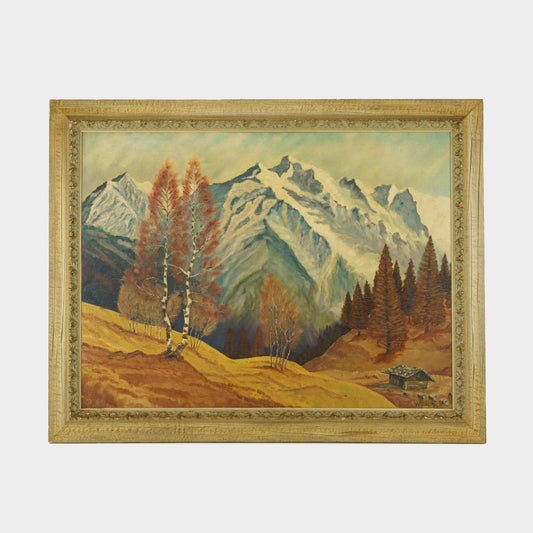 Vintage Large Mountain Cabin Landscape Painting, 1930s