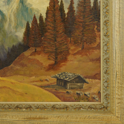 Vintage Large Mountain Cabin Landscape Painting, 1930s