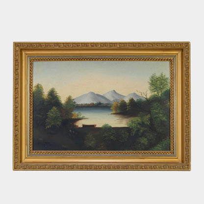 Antique Painting of Canoe on Lake, New York