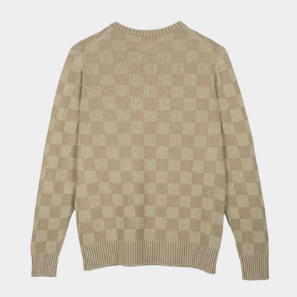 Himalayan Cashmere Checkered Crew Neck Sweater in Linen/ Fawn