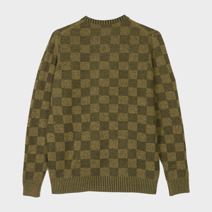 Himalayan Cashmere Checkered Crew Neck Sweater in Forest/ Olive