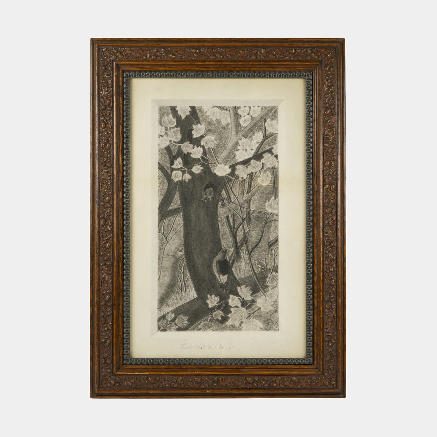 Antique Charcoal Drawing of Forest Creatures "Who's That Knocking", 1891