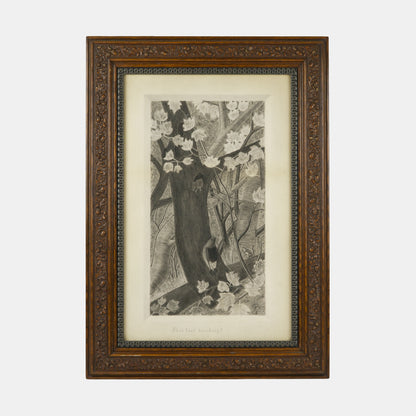 Antique Charcoal Drawing of Forest Creatures "Who's That Knocking", 1891
