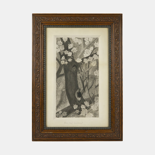 Antique Charcoal Drawing of Forest Creatures "Who's That Knocking", 1891