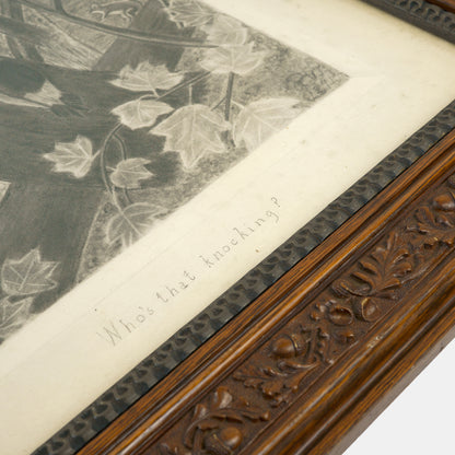 Antique Charcoal Drawing of Forest Creatures "Who's That Knocking", 1891