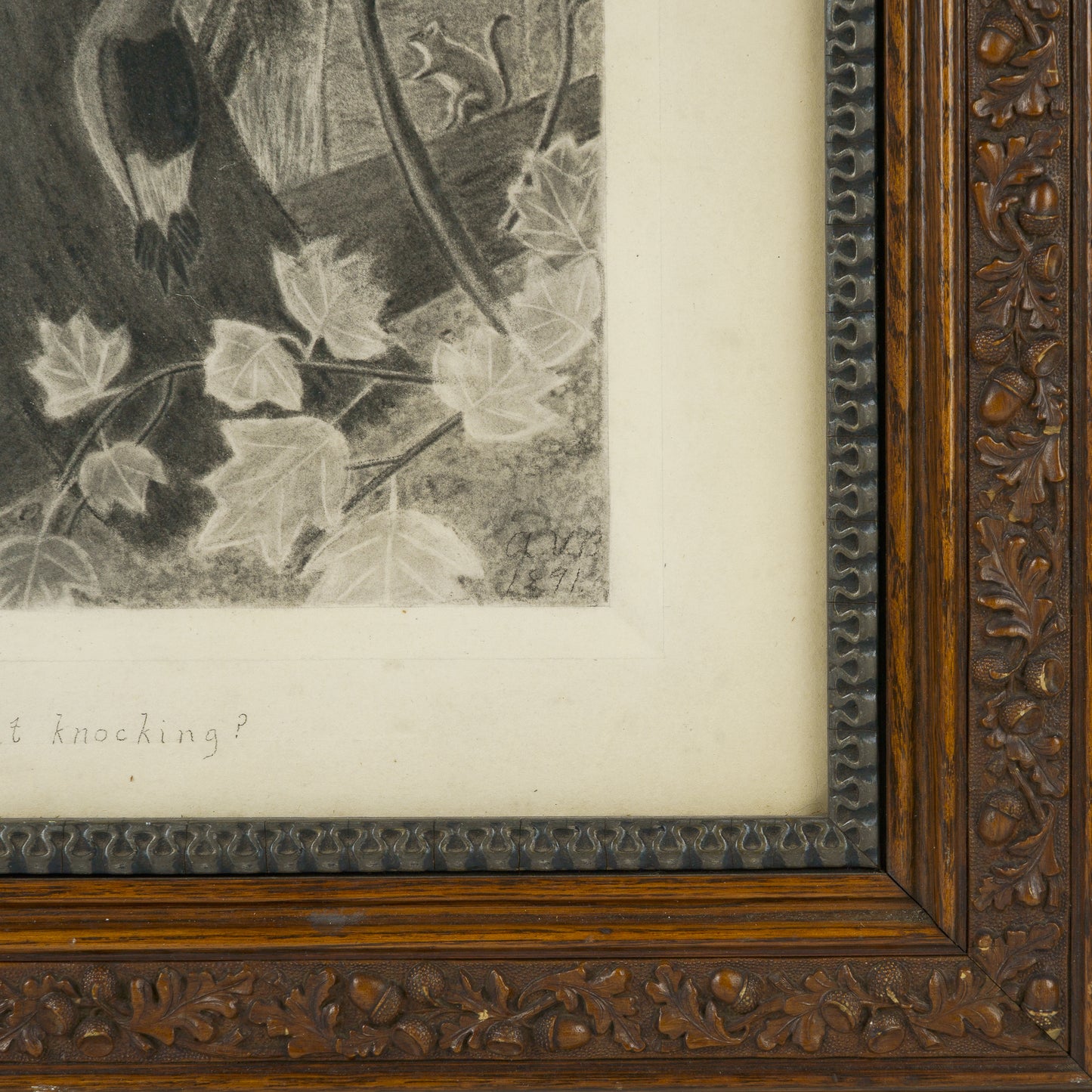 Antique Charcoal Drawing of Forest Creatures "Who's That Knocking", 1891