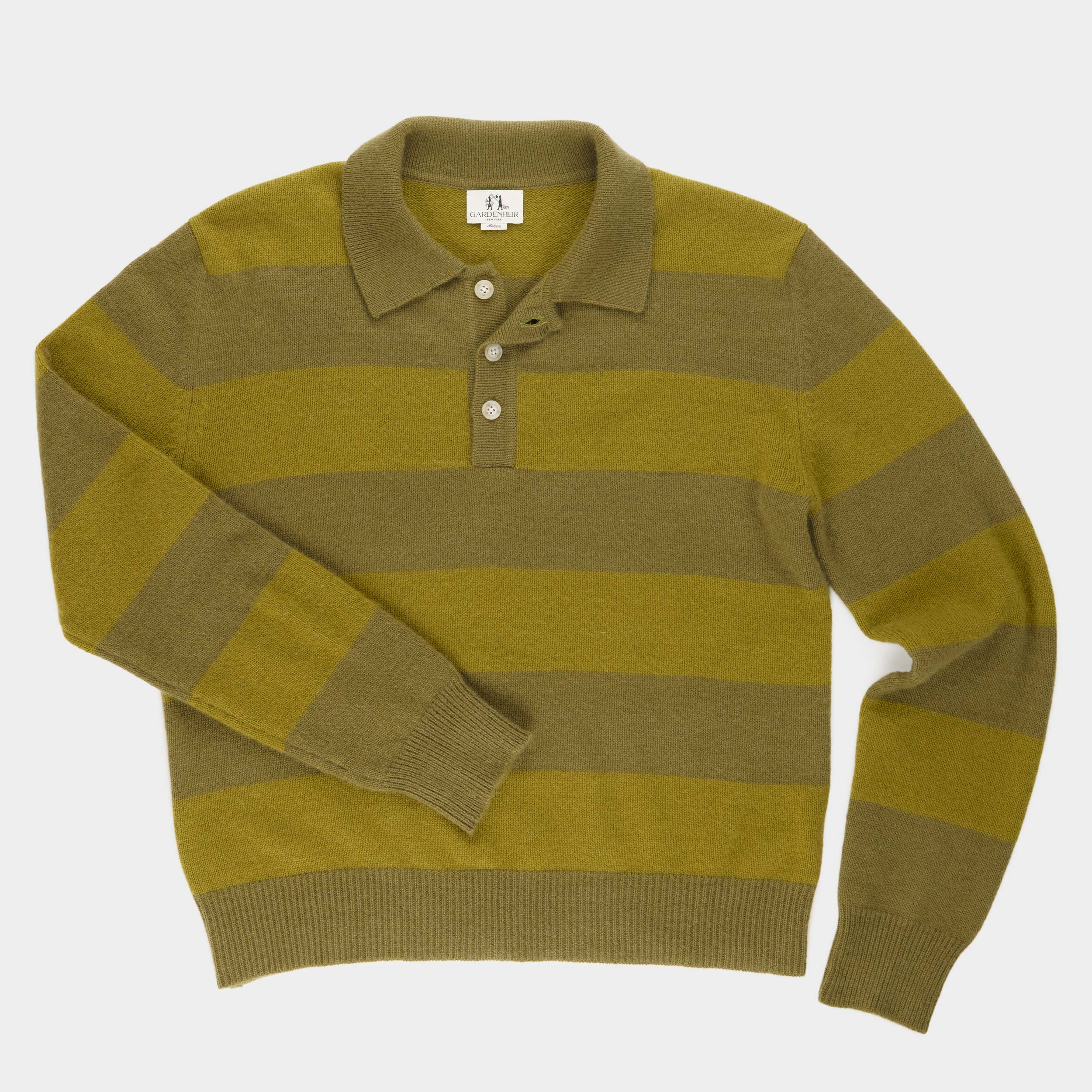 Himalayan Cashmere Striped Rugby Sweater in Moss/ Chartreuse