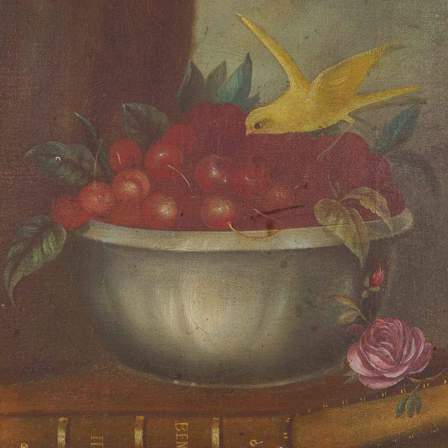 Antique Painting of Canary with Cherries, 1800s