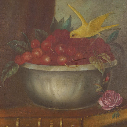Antique Painting of Canary with Cherries, 1800s