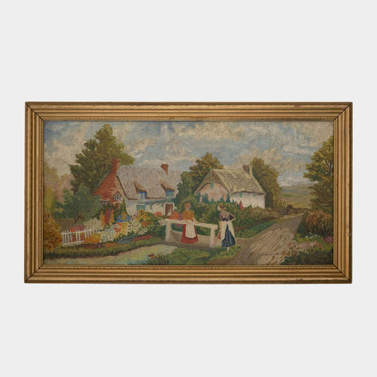 Vintage Painting of Cottage Gardeners on Reverse Masonite