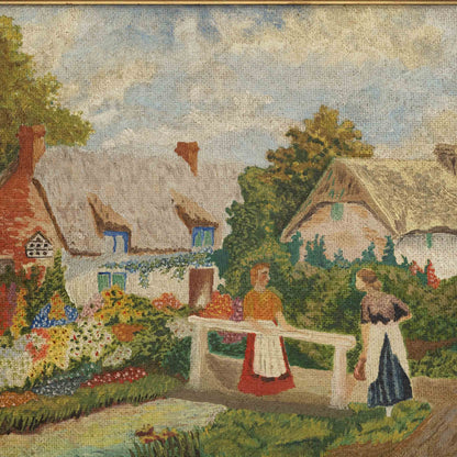 Vintage Painting of Cottage Gardeners on Reverse Masonite