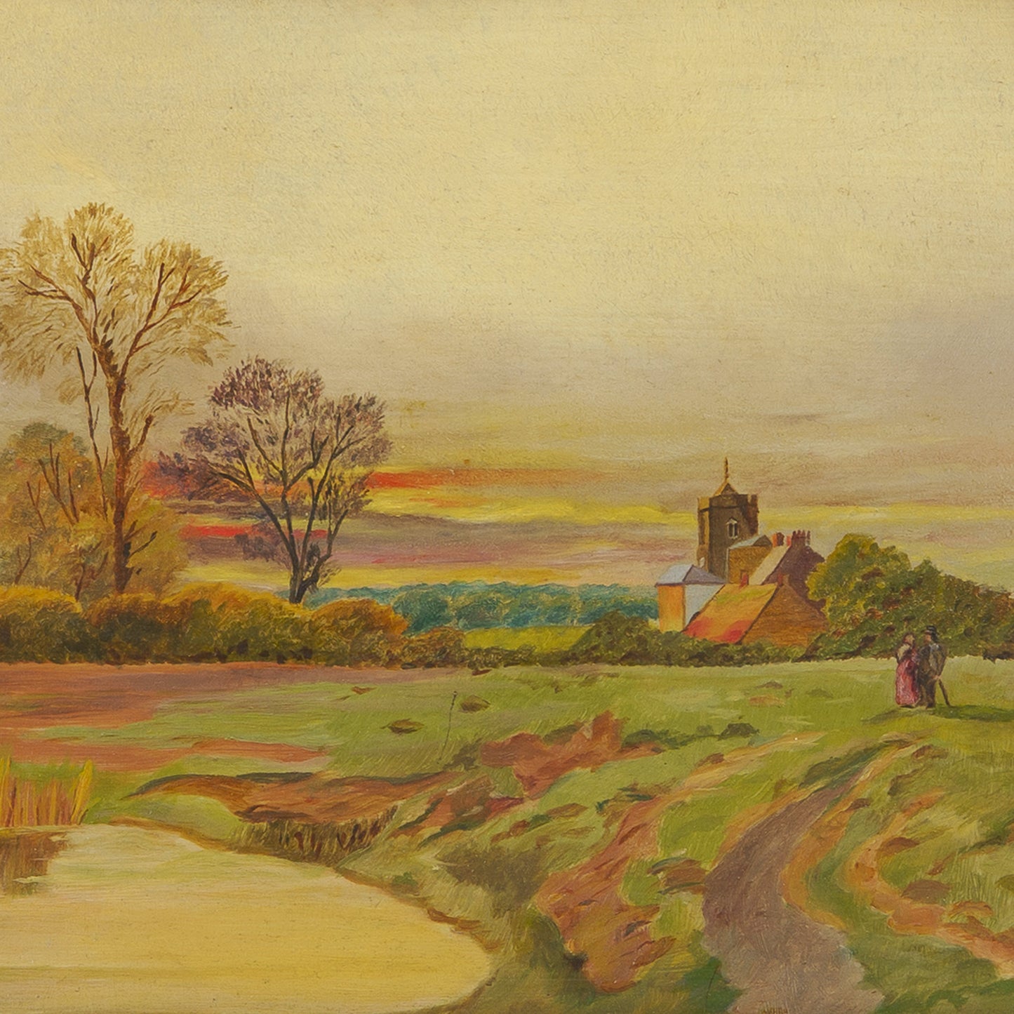 Antique Painting of Couple in Countryside, Early 1900s. France