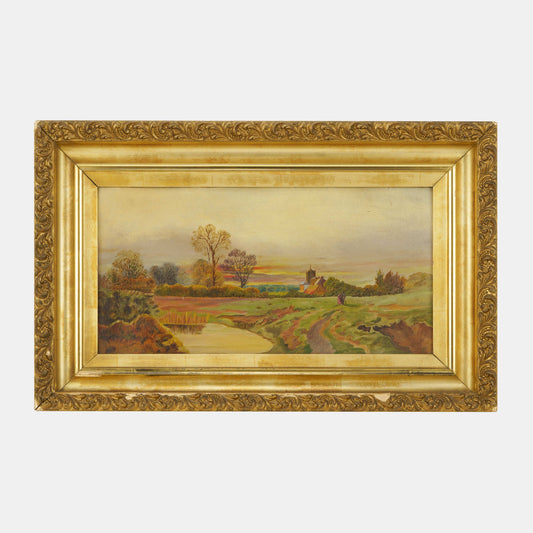 Antique Painting of Couple in Countryside, Early 1900s. France
