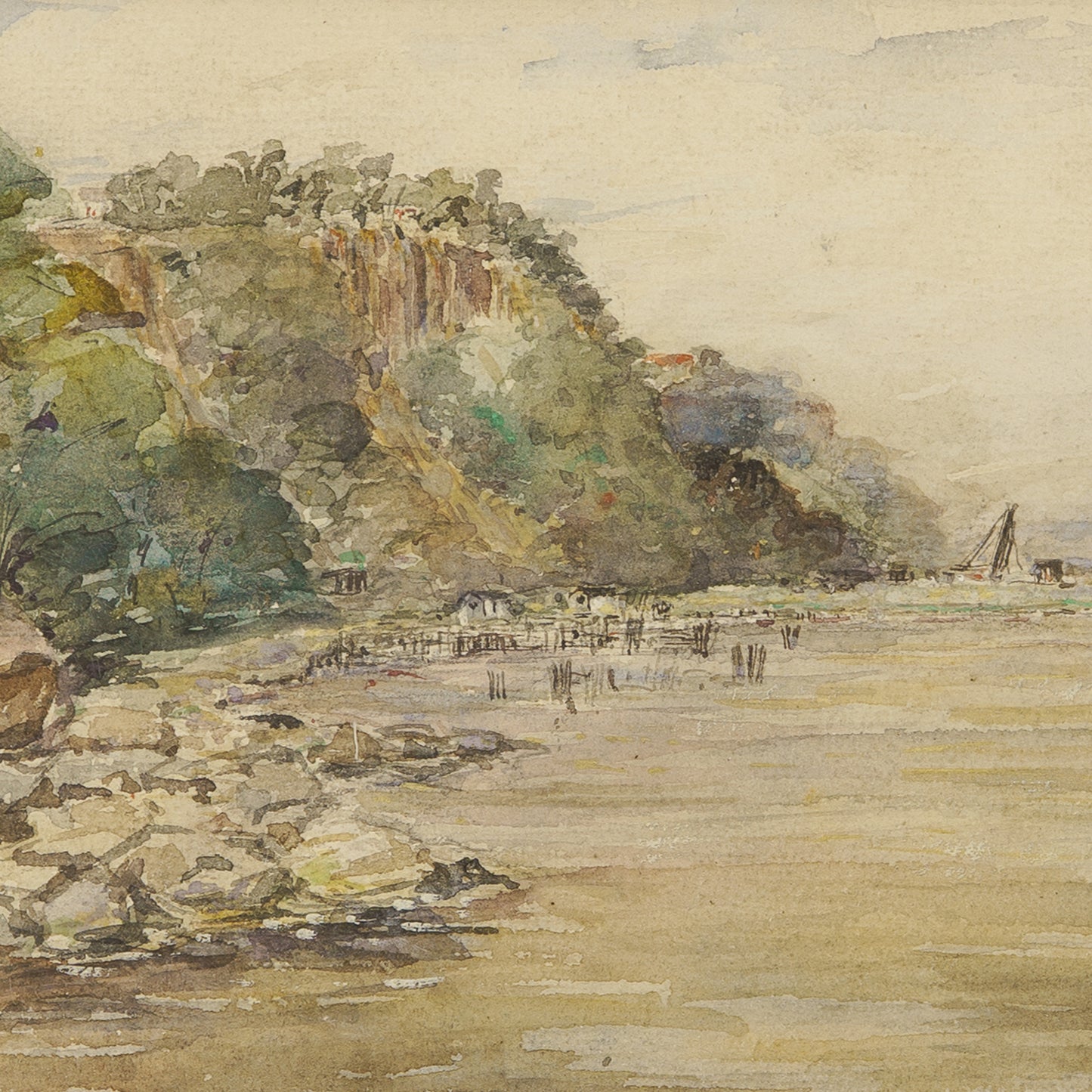 Antique Watercolor of Cliffside Cove, Early 1900s