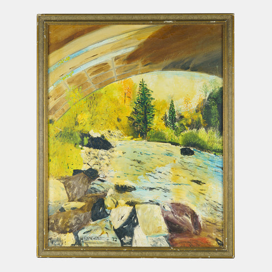 Vintage Painting of Stream Under Bridge, 1972