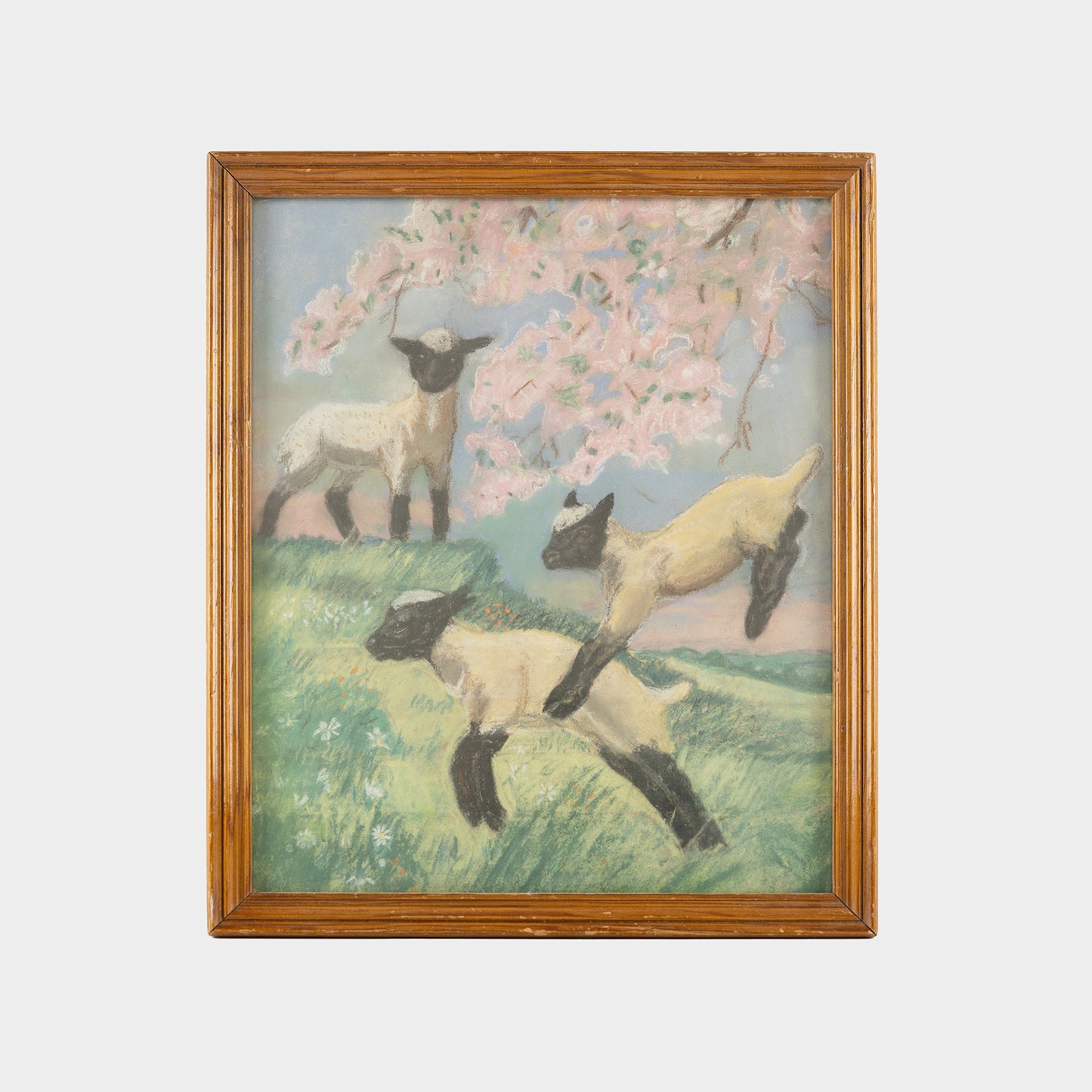 Vintage Pastel Drawing of Lambs, 1940s