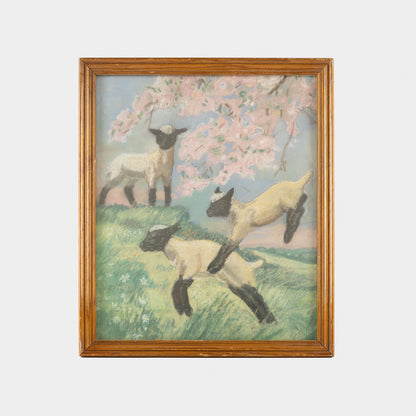 Vintage Pastel Drawing of Lambs, 1940s
