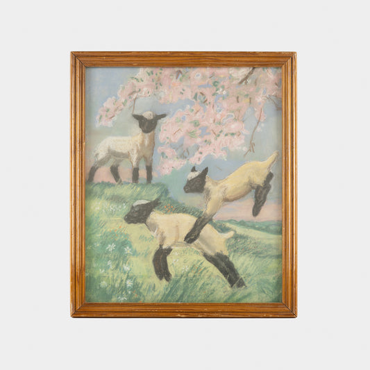 Vintage Pastel Drawing of Lambs, 1940s