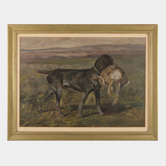 Vintage Painting of Hunting Dog with Hare