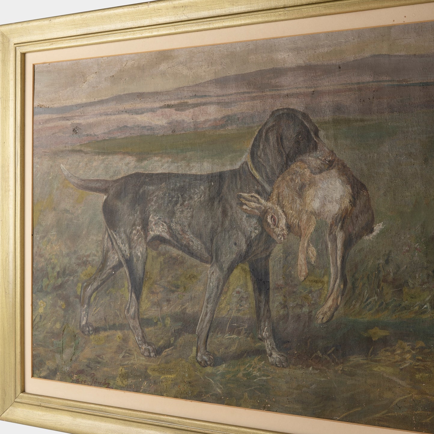 Vintage Painting of Hunting Dog with Hare
