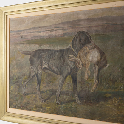 Vintage Painting of Hunting Dog with Hare