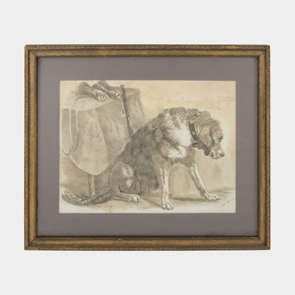 Antique Mixed Media Study with Dog and Gloves, 1888