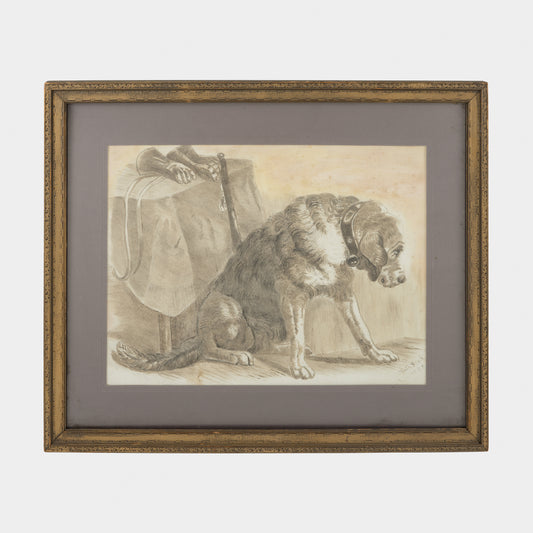 Antique Mixed Media Study with Dog and Gloves, 1888
