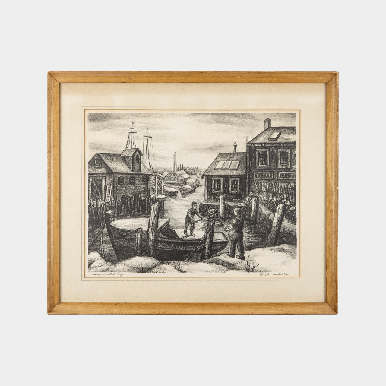 Vintage Litho Harbor Scene, 1940s. New York