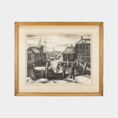 Vintage Litho Harbor Scene, 1940s. New York
